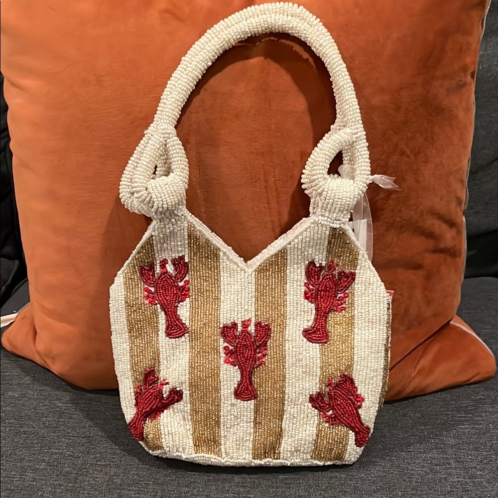 Hand-Beaded White & Gold Lobster Shoulder Bag